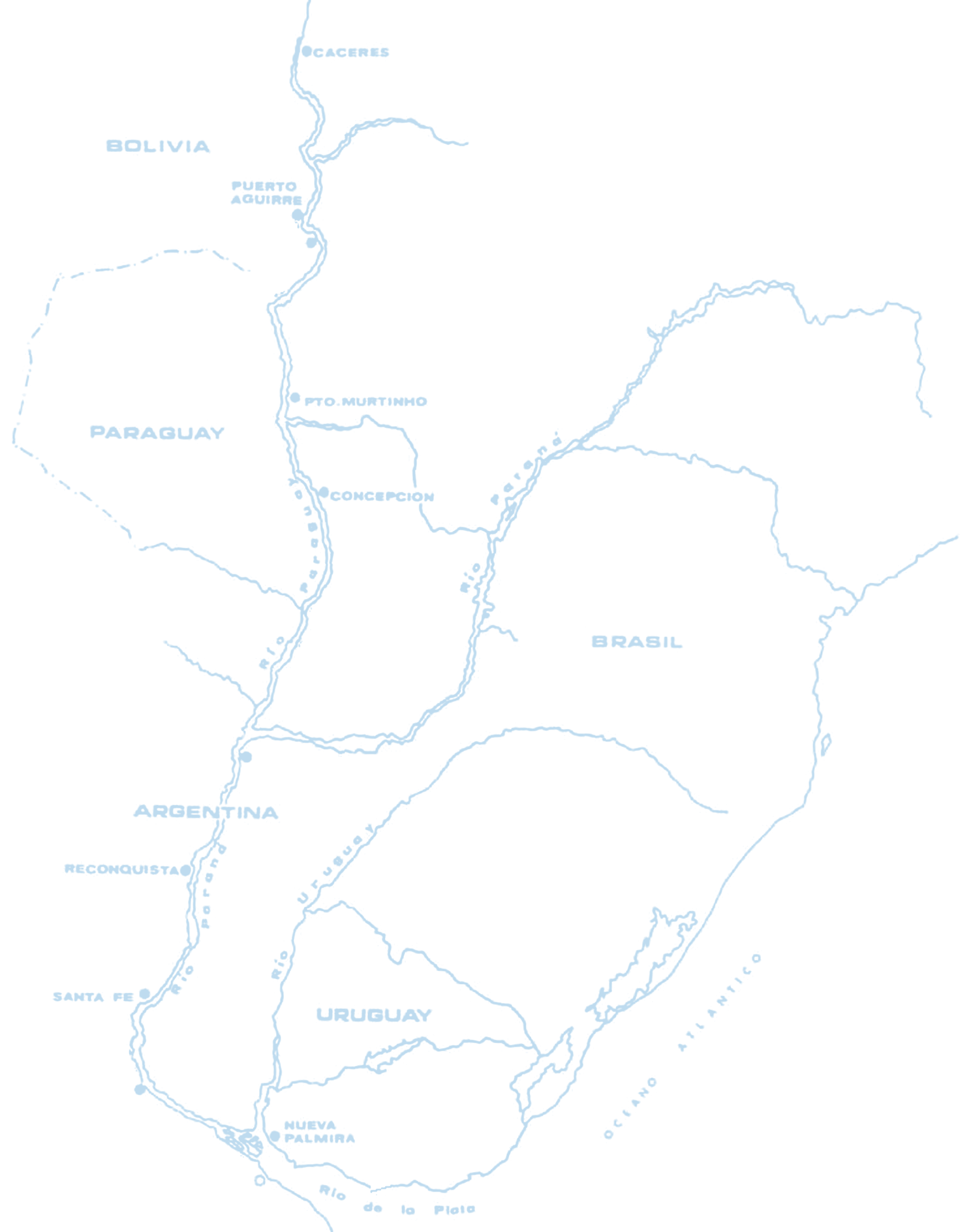 Mapa de la hidrovía Paraguay–Paraná con las bases de Latincomp